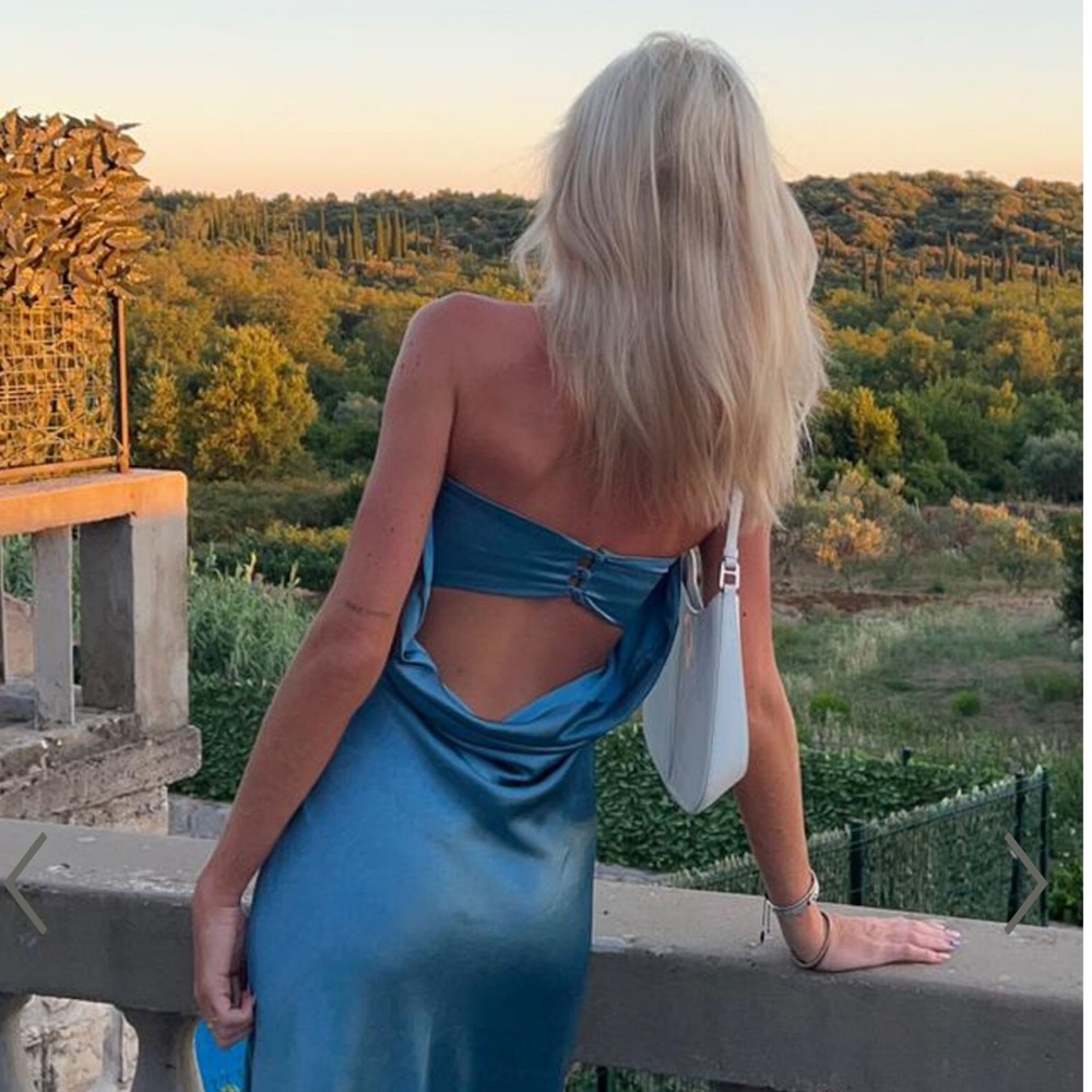 CHARLITA MAXI DRESS - STRAPLESS COWL BACK SATIN DRESS IN STEEL BLUE